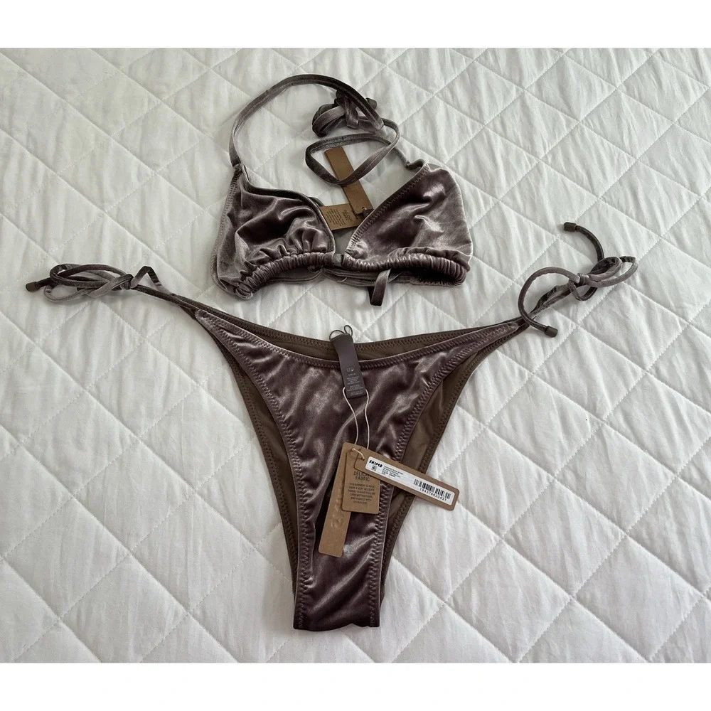 SKIMS Velvet Swim Bikini Set Taupe Umber Triangle Top XL Tie Side Bottom L Y2K